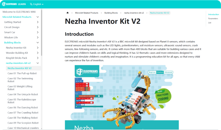 ELECFREAKS website page introducing Nezha coding robotic kit V2