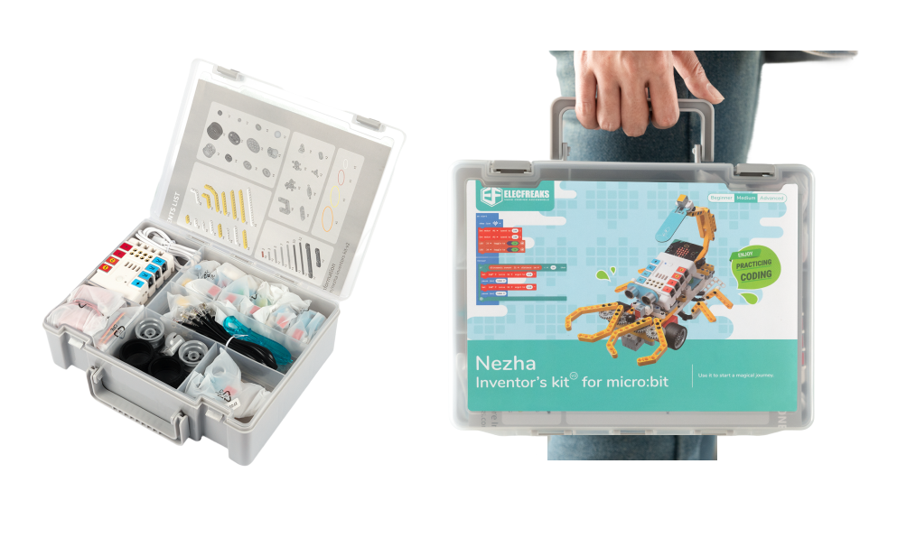Nezha coding robotic kit storage case showing internal parts and closed box with handle for easy carrying