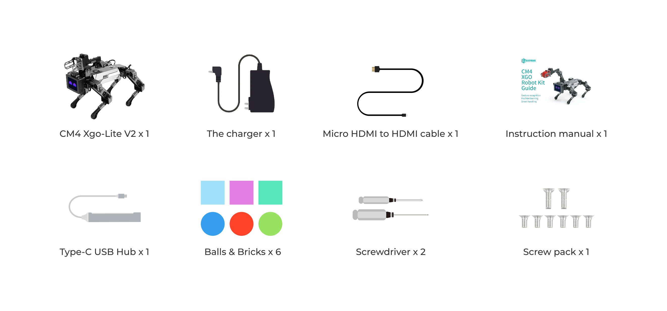 Robot dog kit CM4 Xgo-Lite V2 packing list including robot, charger, HDMI cable, manual, USB hub, balls and bricks, screwdrivers and screw pack