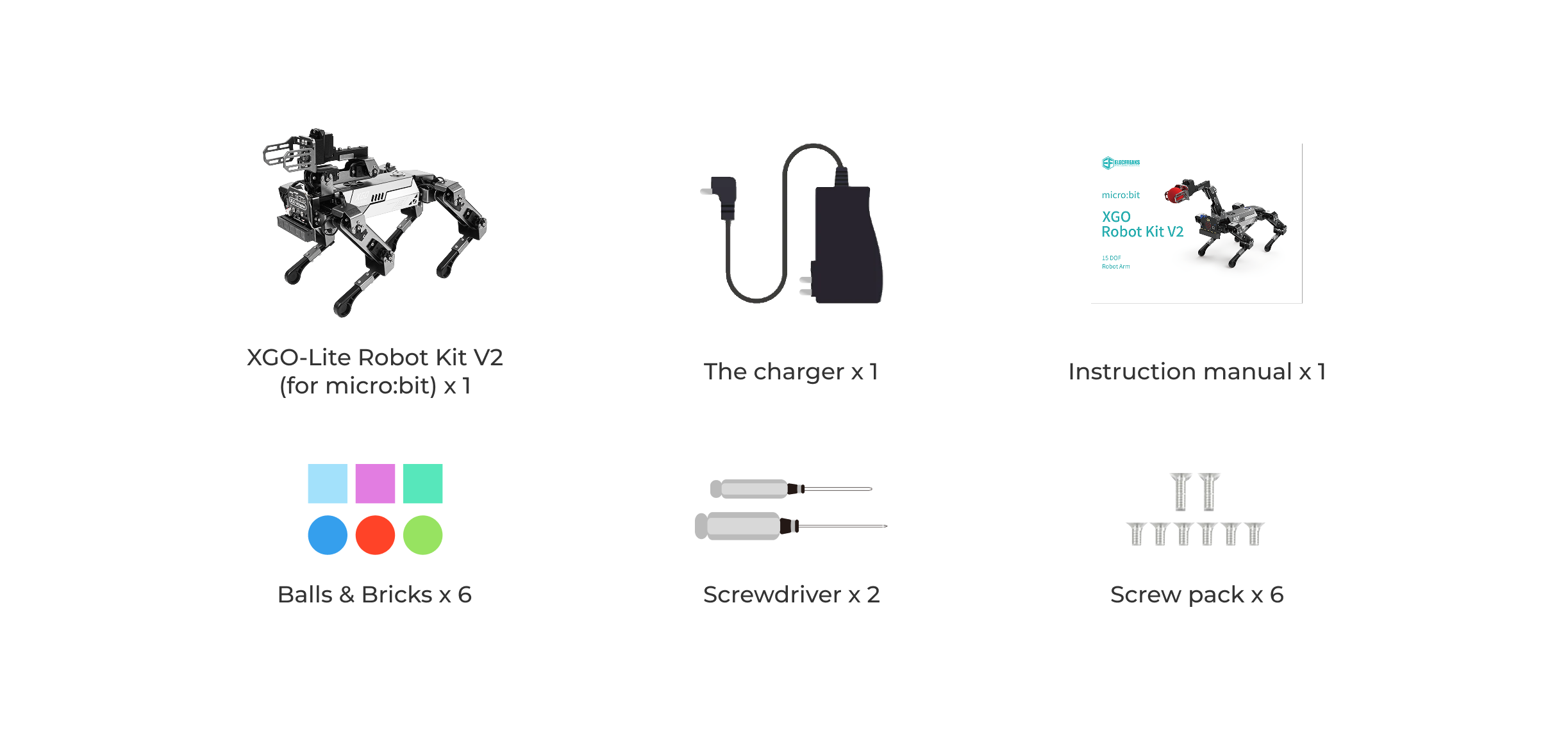 Packing list of the XGO robot kit V2 for micro:bit, including the robot, charger, instruction manual, balls and bricks, screwdrivers, and screw pack