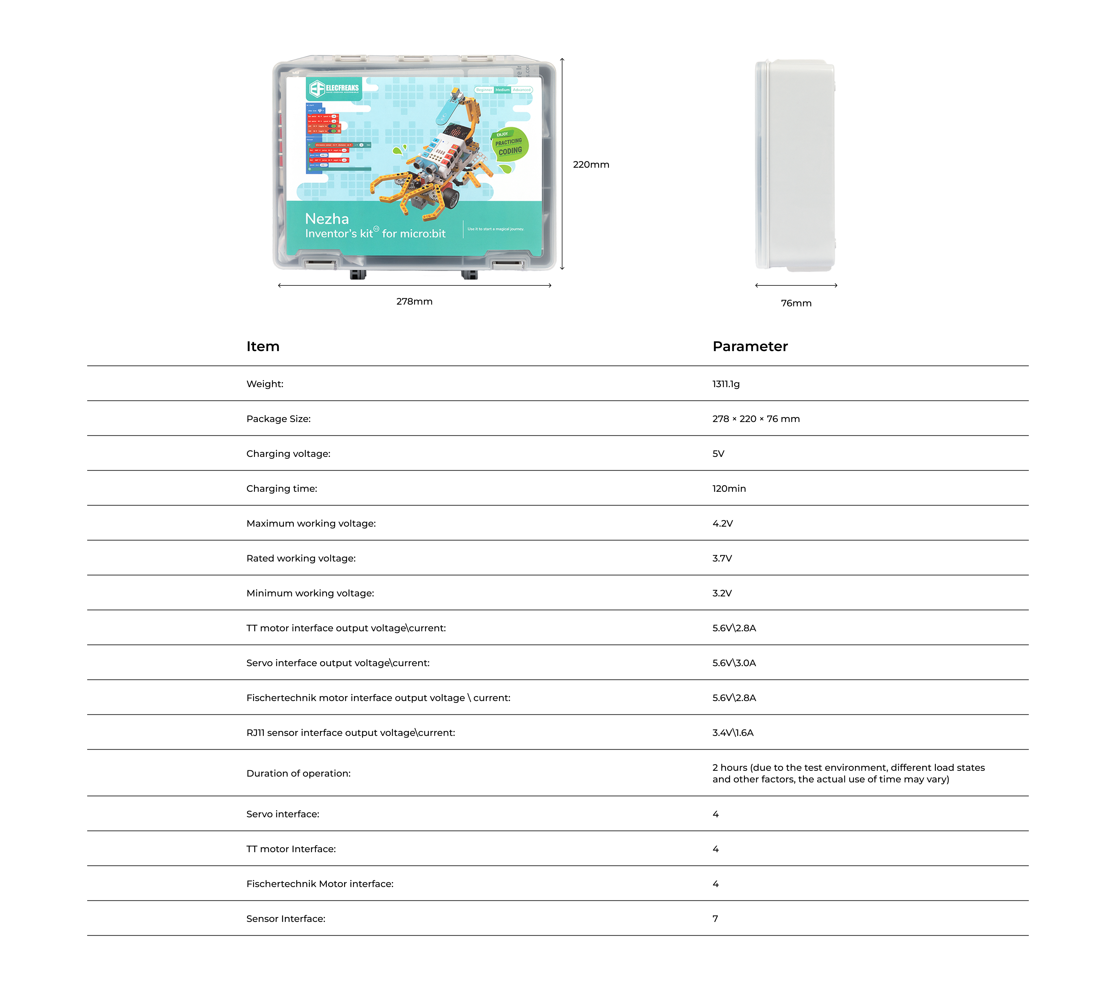 Nezha coding robotic kit specifications showing package size, weight, charging time, working voltage and motor interfaces