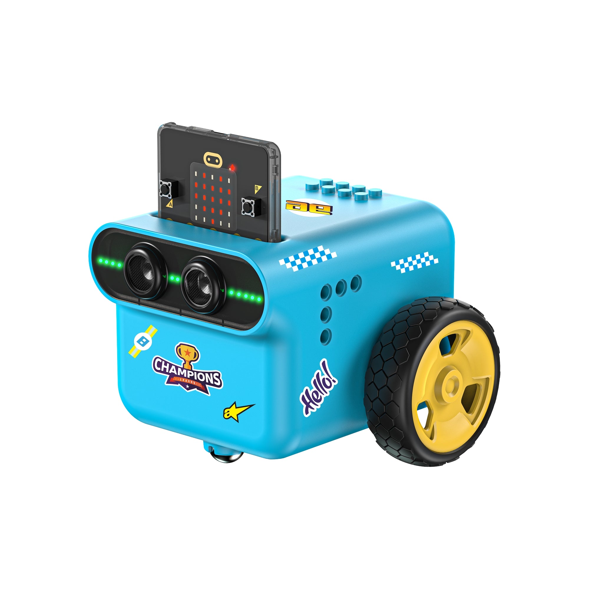 Side view of ELECFREAKS TPBot Edu microbit car with customizable stickers, designed for STEM robotics education and kids programming