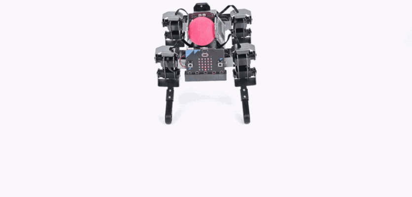 XGO robot quadruped demonstrating ball control using its robotic arm and micro:bit board, showcasing precision and balance