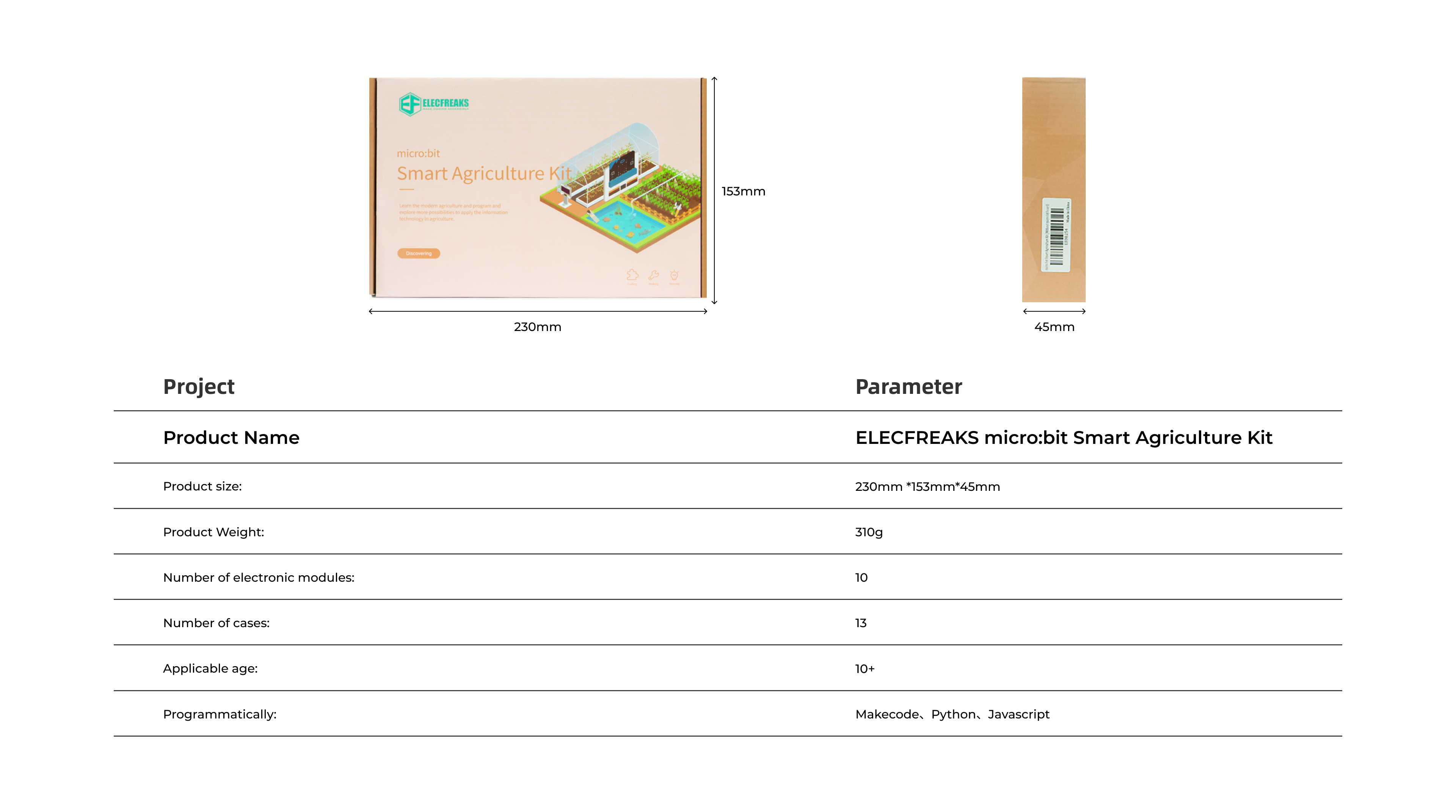Smart farm kit product packaging and specifications including ELECFREAKS micro:bit Smart Agriculture Kit size 230x153x45mm, weight 310g, 10 electronic modules, 13 project cases, suitable for age 10 plus, supporting MakeCode, Python, and JavaScript programming