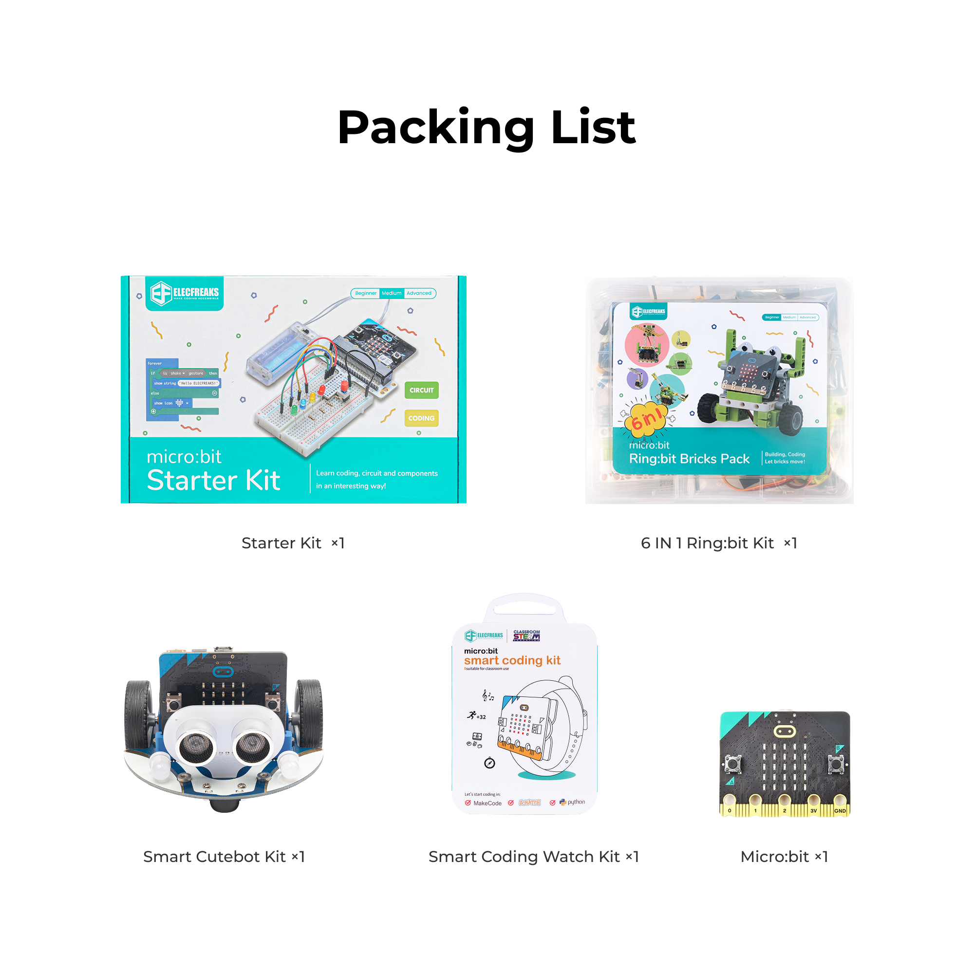 ELECFREAKS micro:bit Beginner Learning Kit — Includes Watch Kit, Cutebot, Starter Kit, Ring:bit 6-in-1 & micro:bit Board