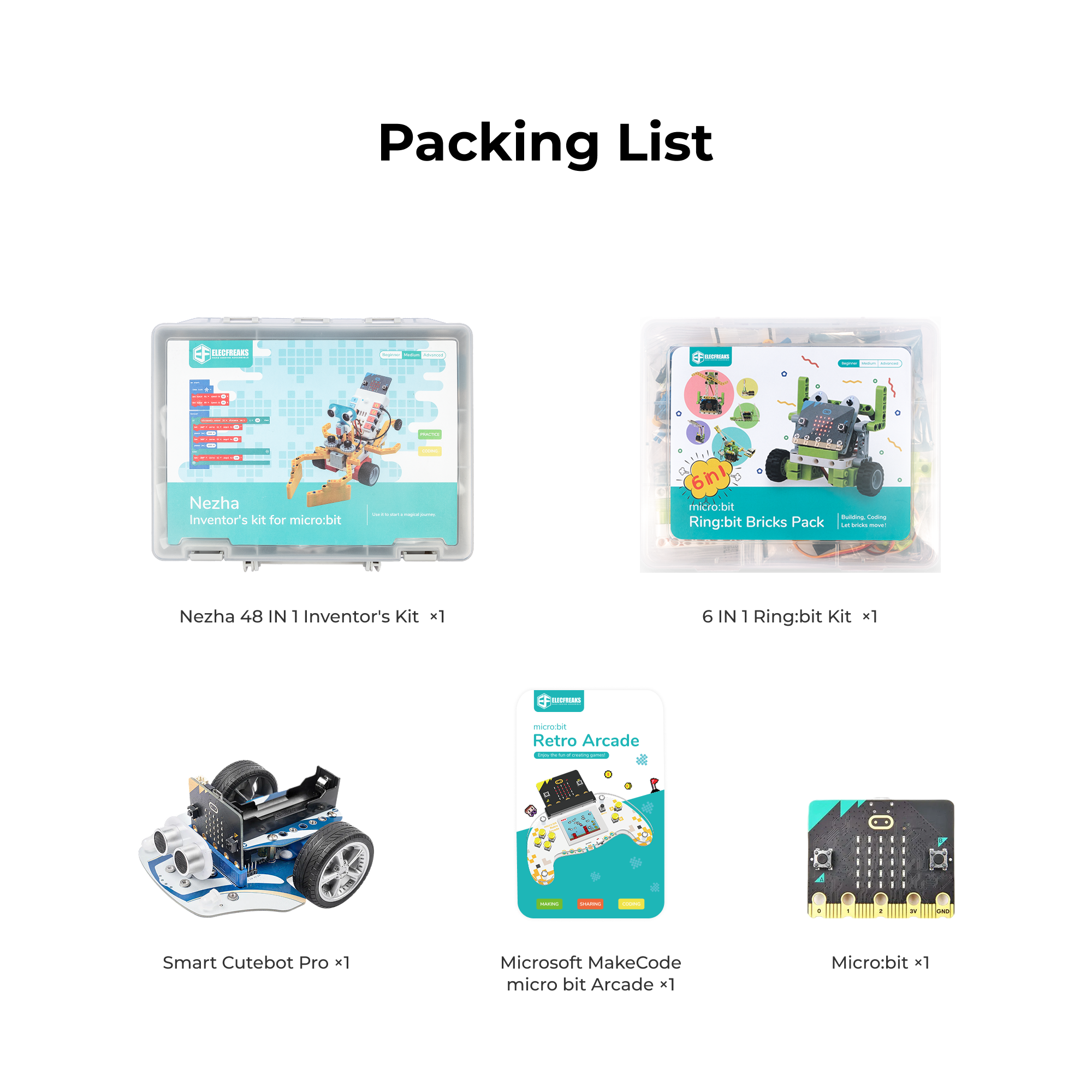 ELECFREAKS micro:bit Maker Expansion Kit — Includes Arcade, Cutebot Pro, Ring:bit 6-in-1, Nezha 48-in-1 & micro:bit Board