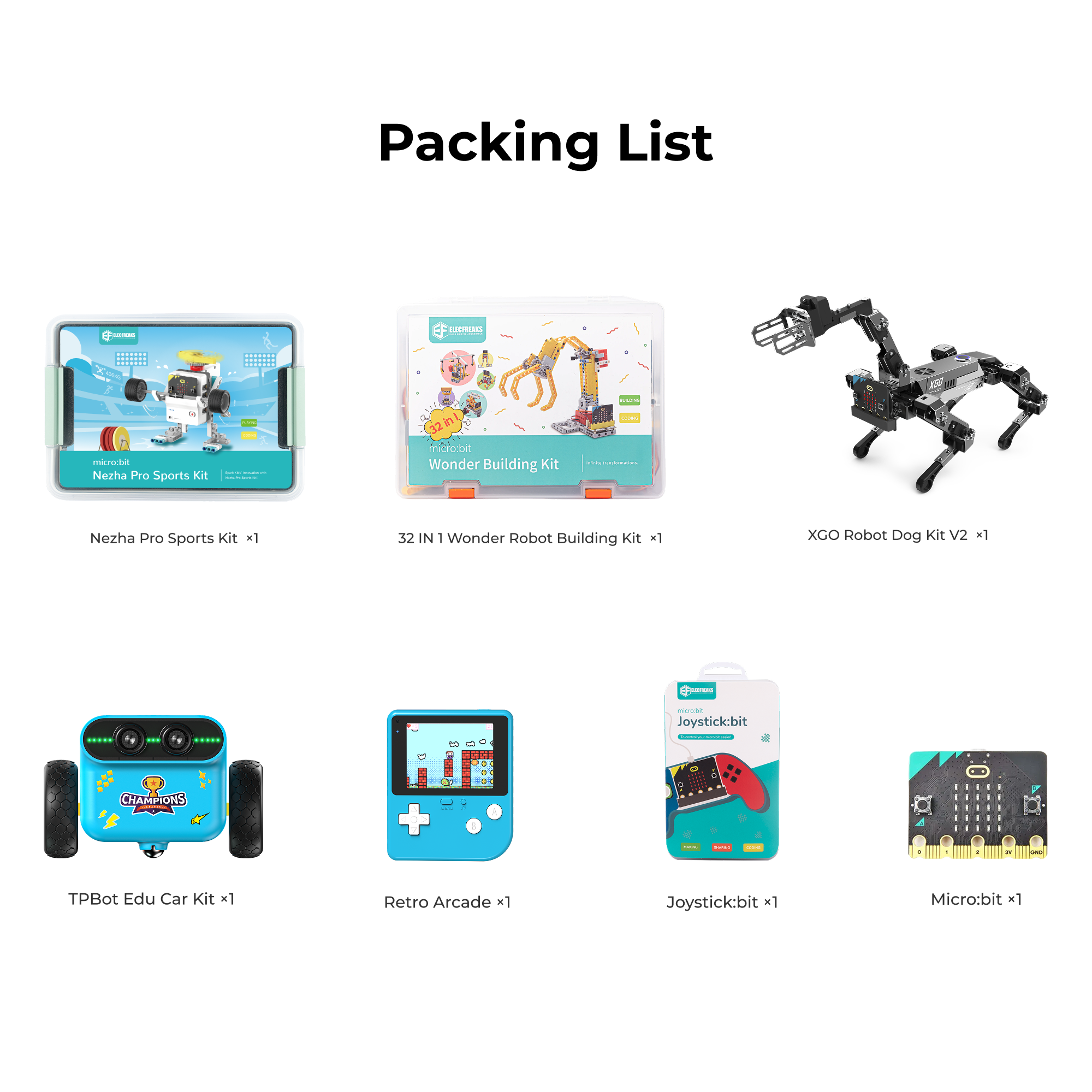 ELECFREAKS micro:bit Pro Challenge Kit — Retro Arcade, TPBOT EDU, Wukong 32-in-1, Nezha Pro, Xgo V2 & Joystick