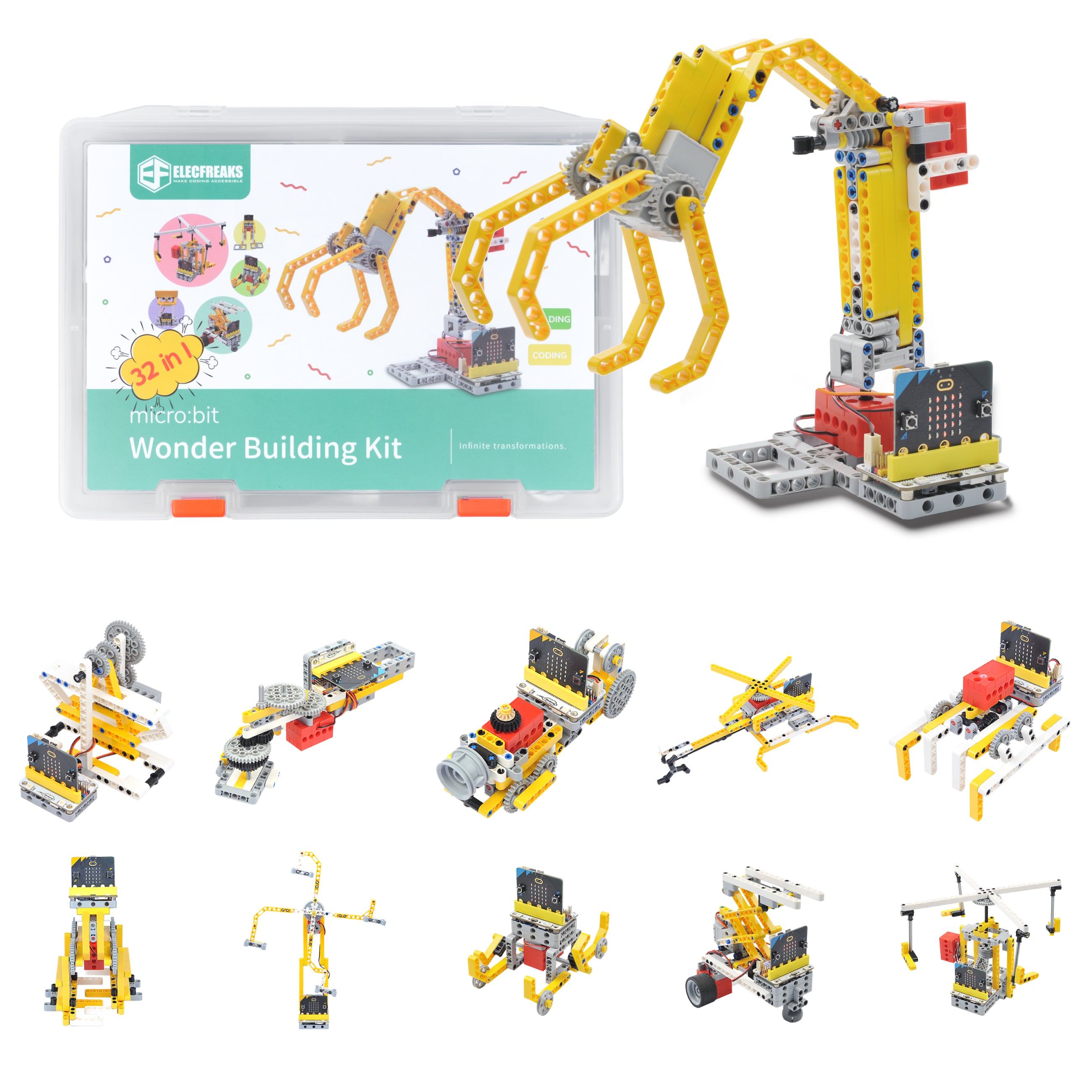 ELECFREAKS micro:bit 32 IN 1 Wonder Building Kit, Programable K12 Educational Learning Kit con Building Blocks/Sensores/Wukong Expansion Board