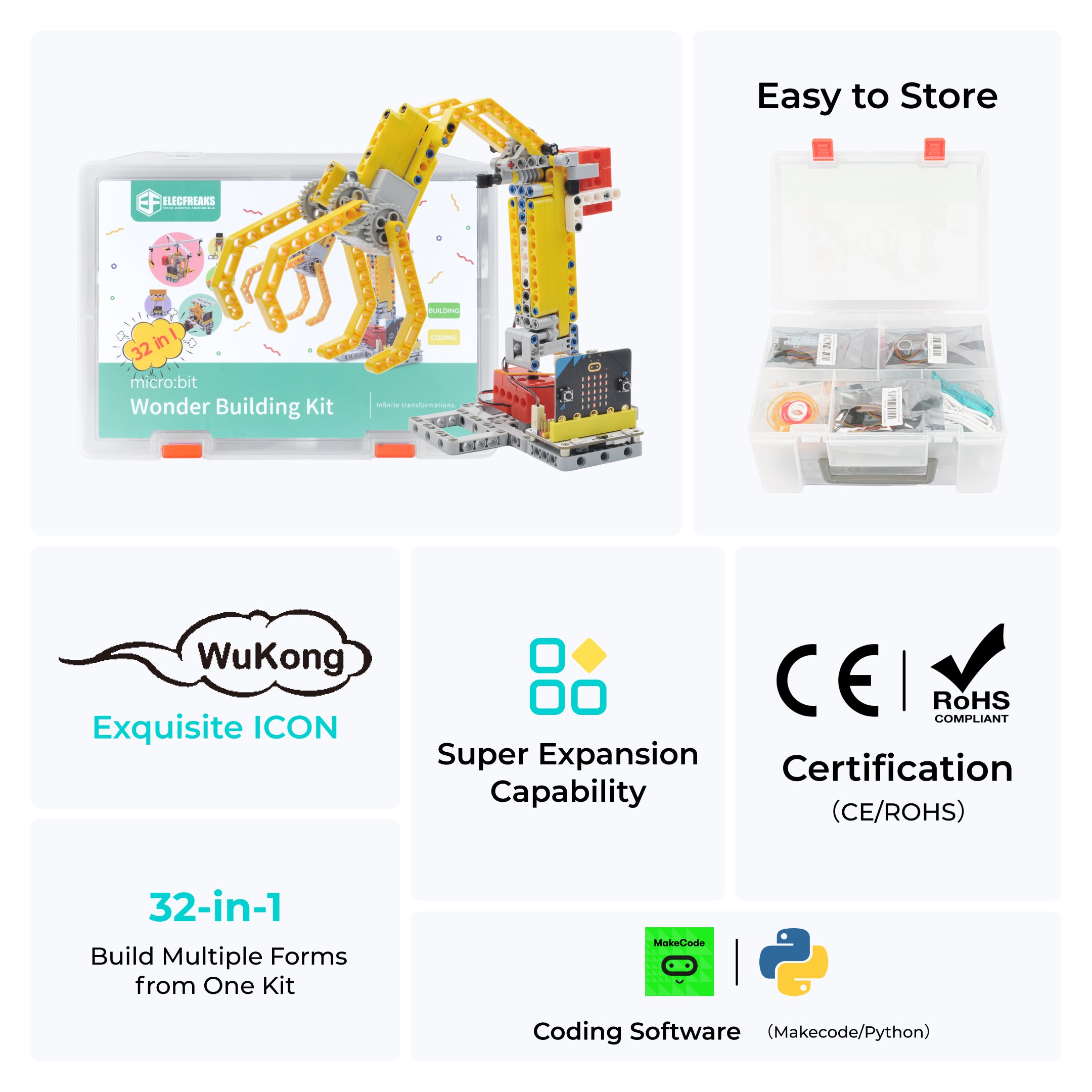 ELECFREAKS micro:bit 32 IN 1 Wonder Building Kit, Programable K12 Educational Learning Kit con Building Blocks/Sensores/Wukong Expansion Board