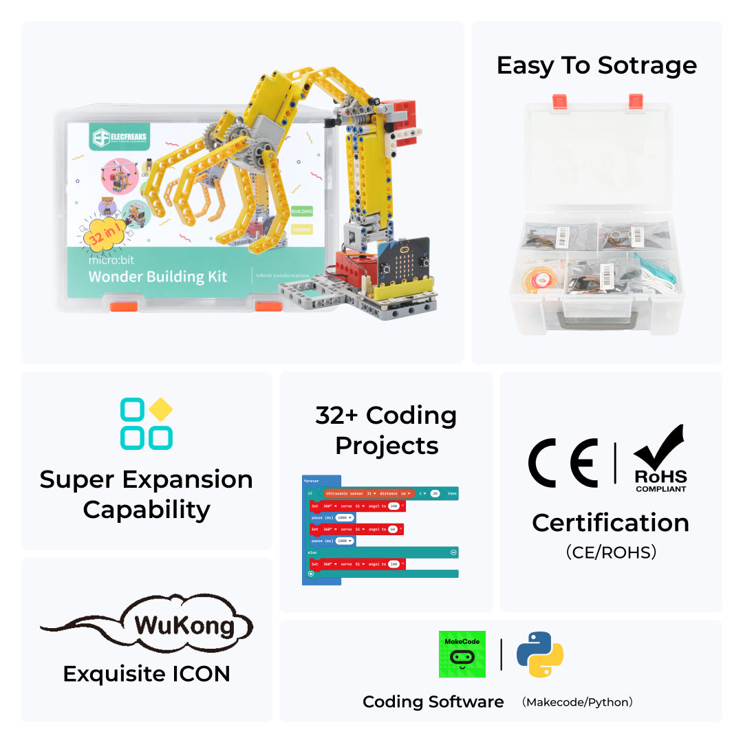 ELECFREAKS micro:bit 32 IN 1 Wonder Building Kit, Programmable K12 Educational Learning Kit with  Building Blocks/Sensors/Wukong Expansion Board