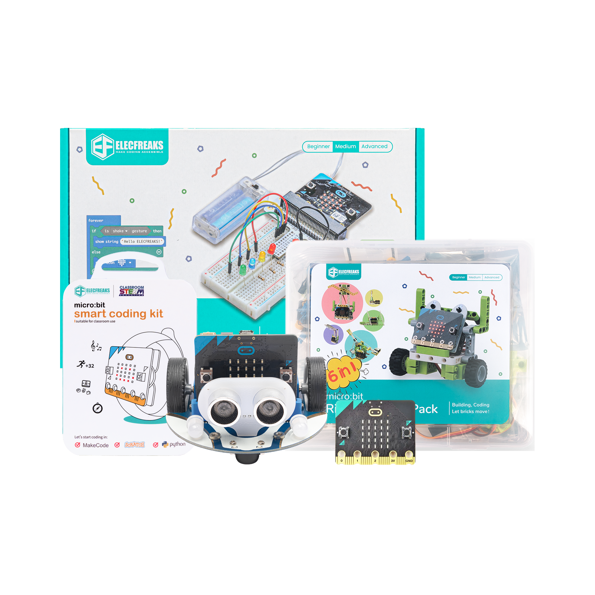 ELECFREAKS micro:bit Beginner Learning Kit — Includes Watch Kit, Cutebot, Starter Kit, Ring:bit 6-in-1 & micro:bit Board