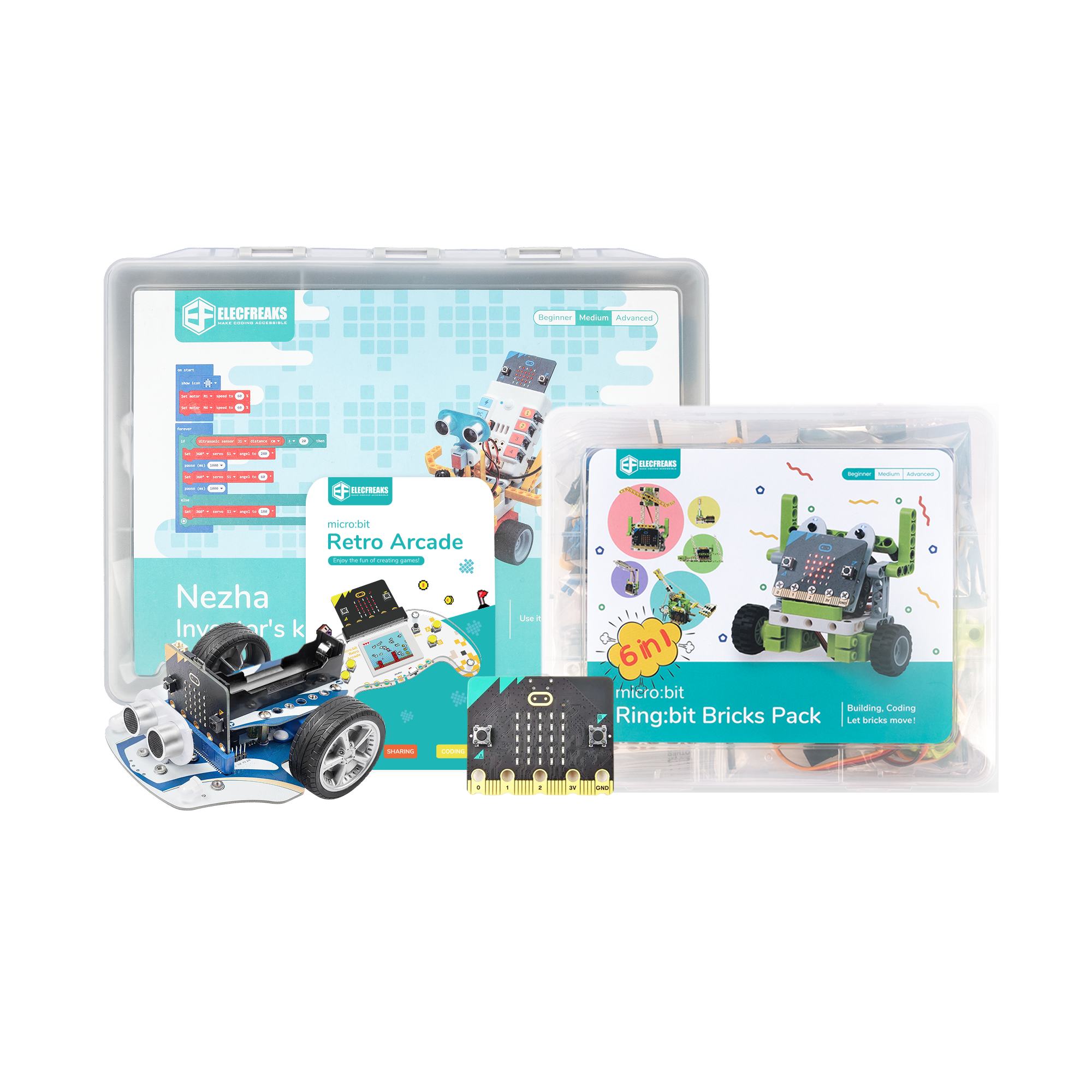 ELECFREAKS micro:bit Maker Expansion Kit — Includes Arcade, Cutebot Pro, Ring:bit 6-in-1, Nezha 48-in-1 & micro:bit Board